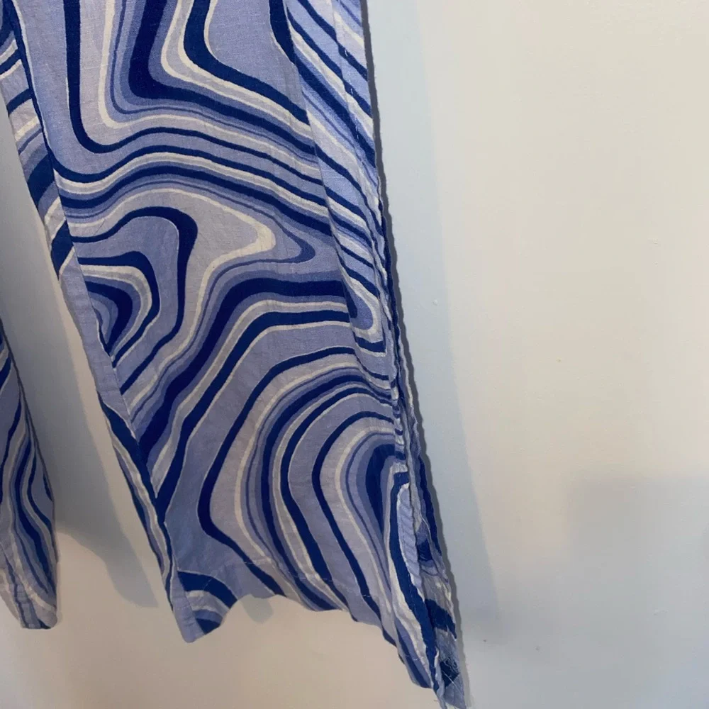 Zara Blue & White Psychedelics Swirl Flare Linen Pants, sz Small